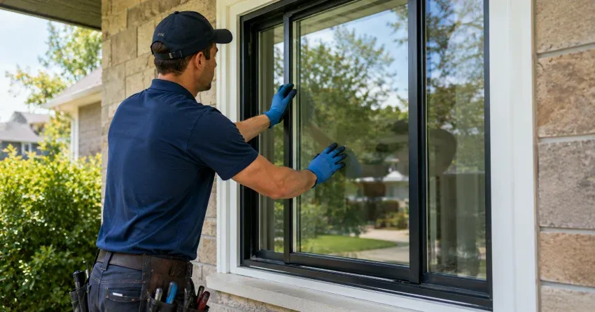technician measuring a broken window pane for replacement in Minesing, Springwater