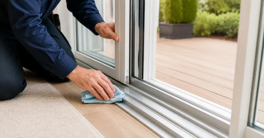 technician inspecting a sliding patio door track in Springwater