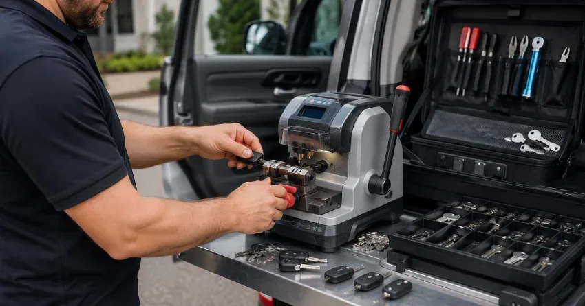 technician cutting a replacement car door lock key in Minesing, Springwater