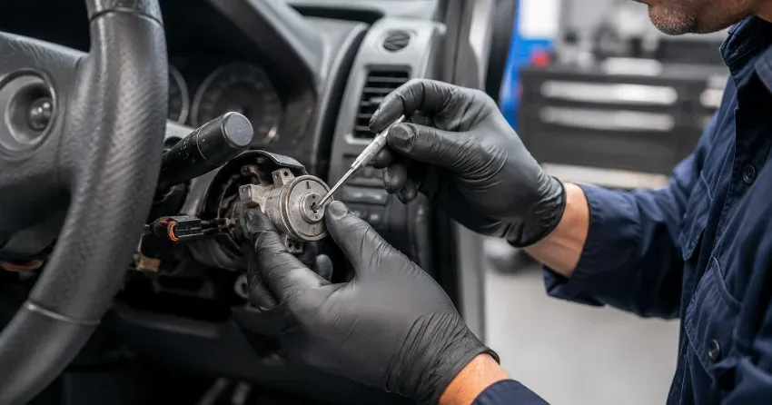 technician diagnosing an ignition lock repair issue in Midhurst, Springwater