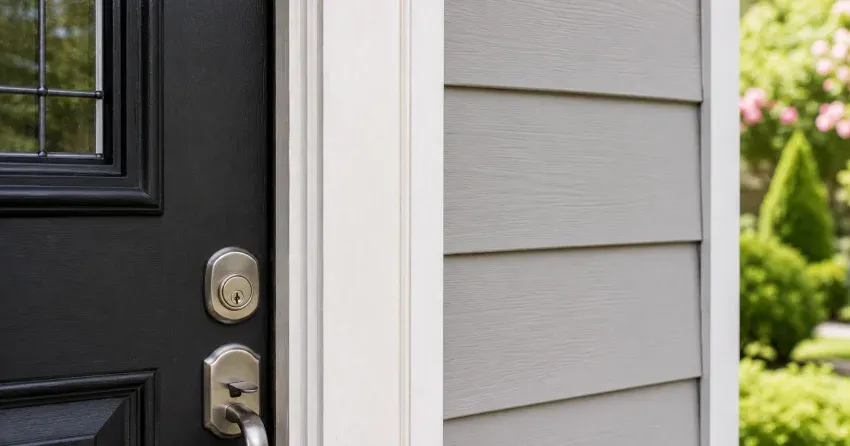 technician inspecting door jamb behind cracked casing in Springwater home