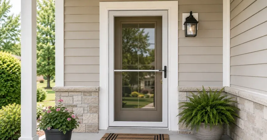 technician hanging storm door square and plumb in Midhurst, Springwater