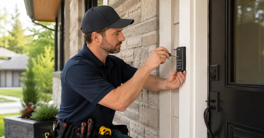 Technician installing an access control system keypad beside a residential front door in Midhurst, Springwater