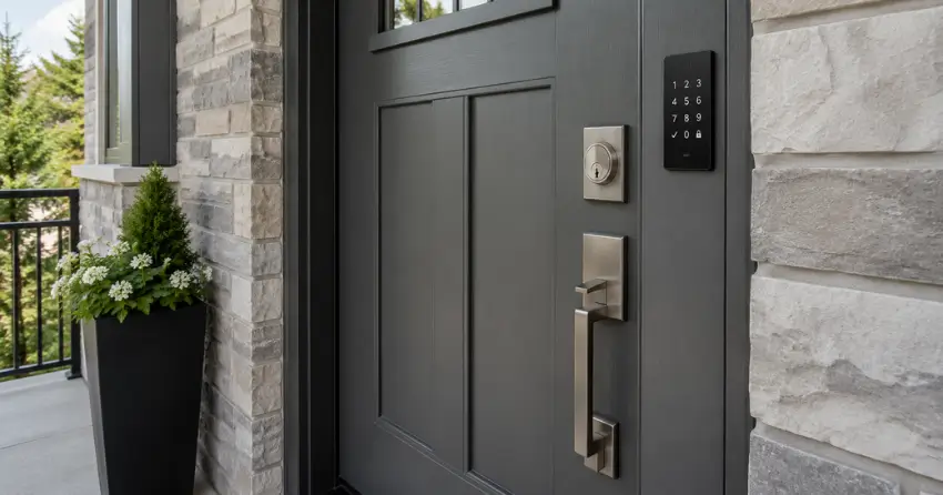 High-security door hardware and access control keypad installed on a residential entry door in Phelpston, Springwater