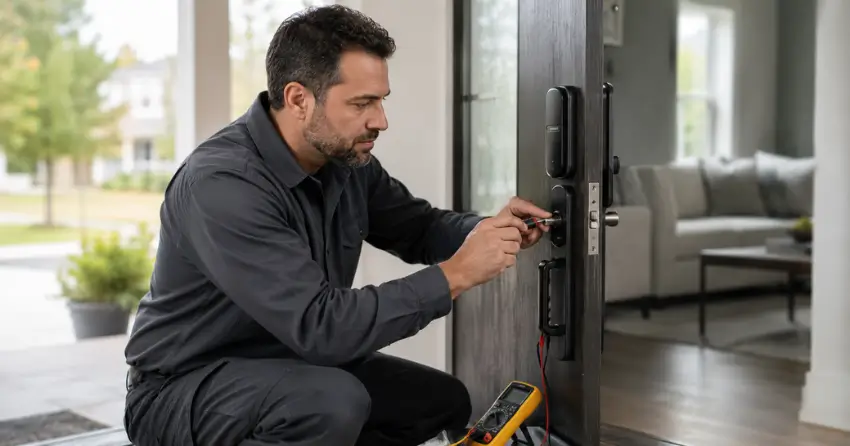 technician diagnosing automatic door lock mechanism on residential door in Elmvale, Springwater