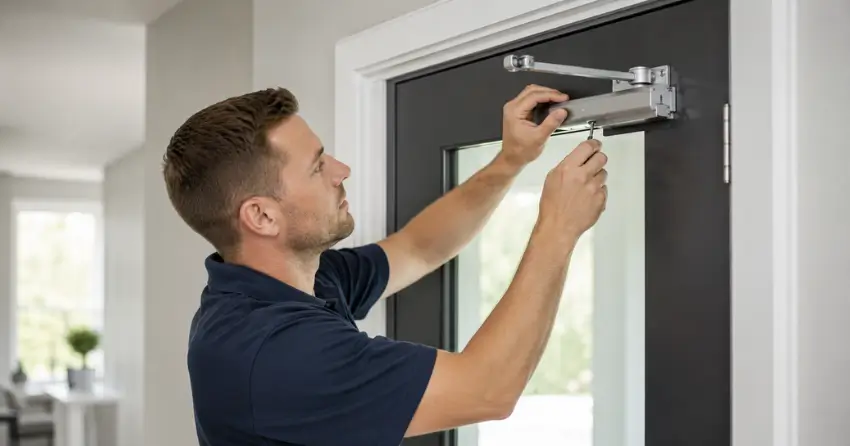 technician adjusting door closer hydraulic valve in Springwater home