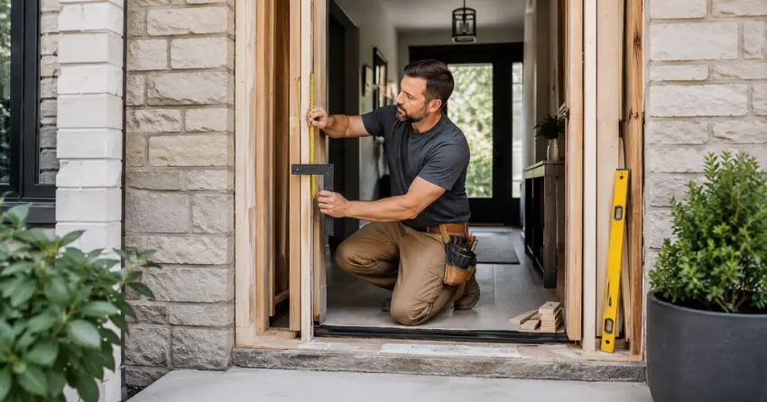 exterior door installer assessing rough opening in Minesing, Springwater