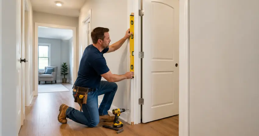 technician installing a pre-hung interior door in a home hallway Springwater