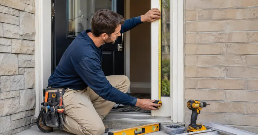 technician measuring door frame before storm door install in Springwater