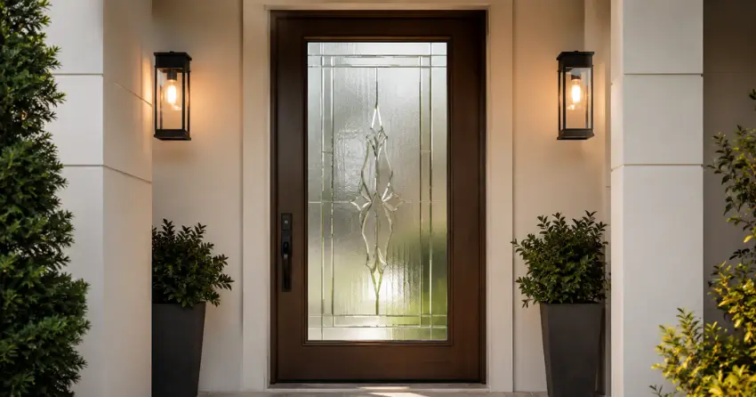 decorative frosted glass panel installed in a front door in Midhurst, Springwater