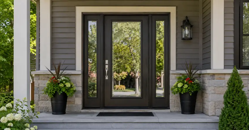 glass entry door with sidelights on a home in Springwater