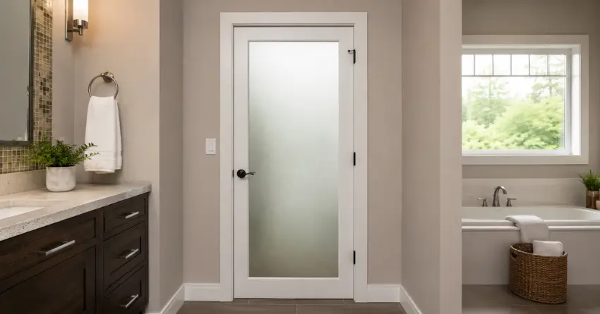 frosted glass panel bathroom door installed in a Midhurst, Springwater home