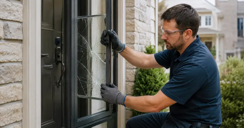 technician removing cracked storm door glass panel in Springwater