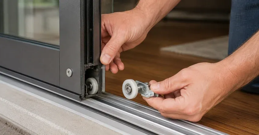 sliding door alignment Springwater technician adjusting roller track