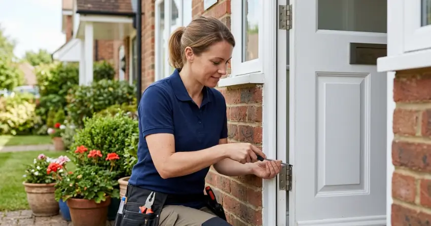 technician repairing exterior door hinge and frame in Midhurst, Springwater