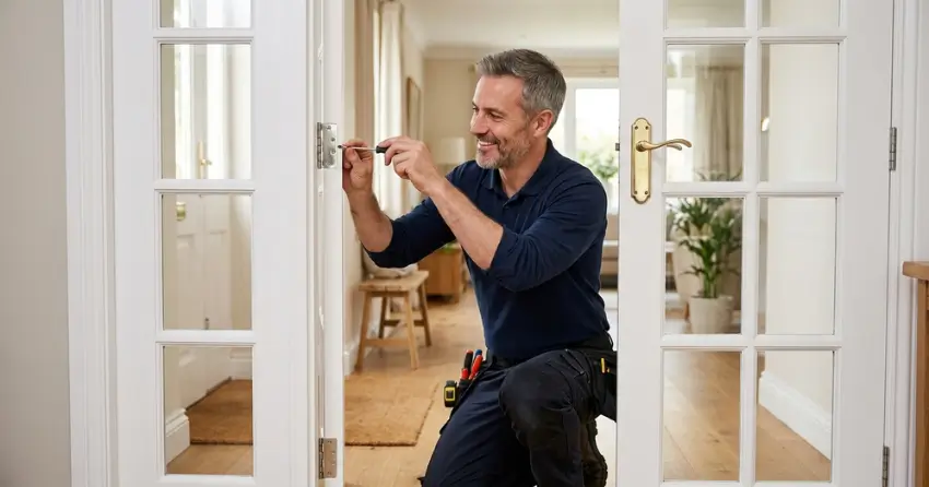 technician adjusting French door hinge for proper alignment in Springwater