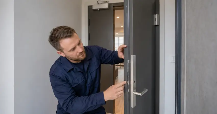 technician inspecting fire-rated door seal and hardware in Centre Vespra, Springwater