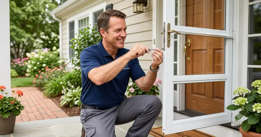 technician adjusting storm door hinge and closer in Orr Lake, Springwater