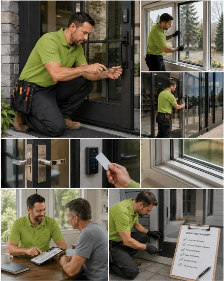 A crew carrying a new replacement window unit into a home